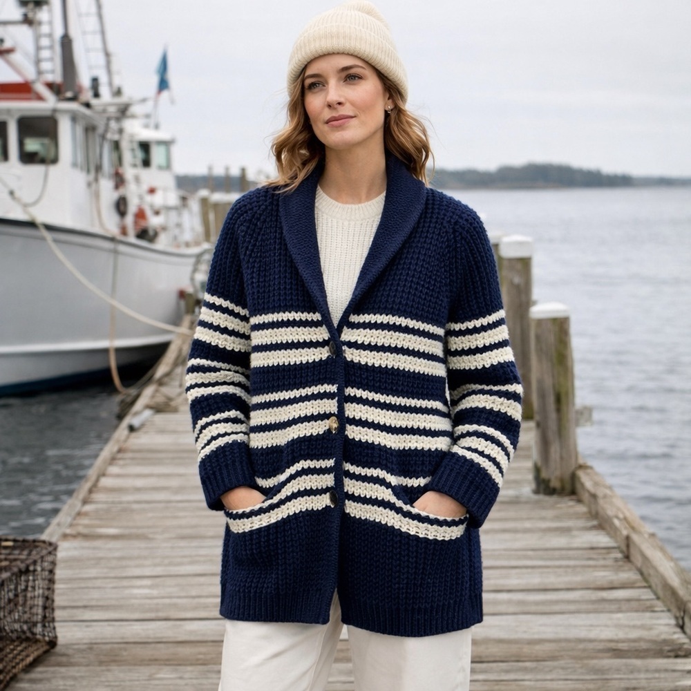 Lands End Women’s Chunky Knit Shawl Collar Button Front‎ Stripe Cardigan Sz Med